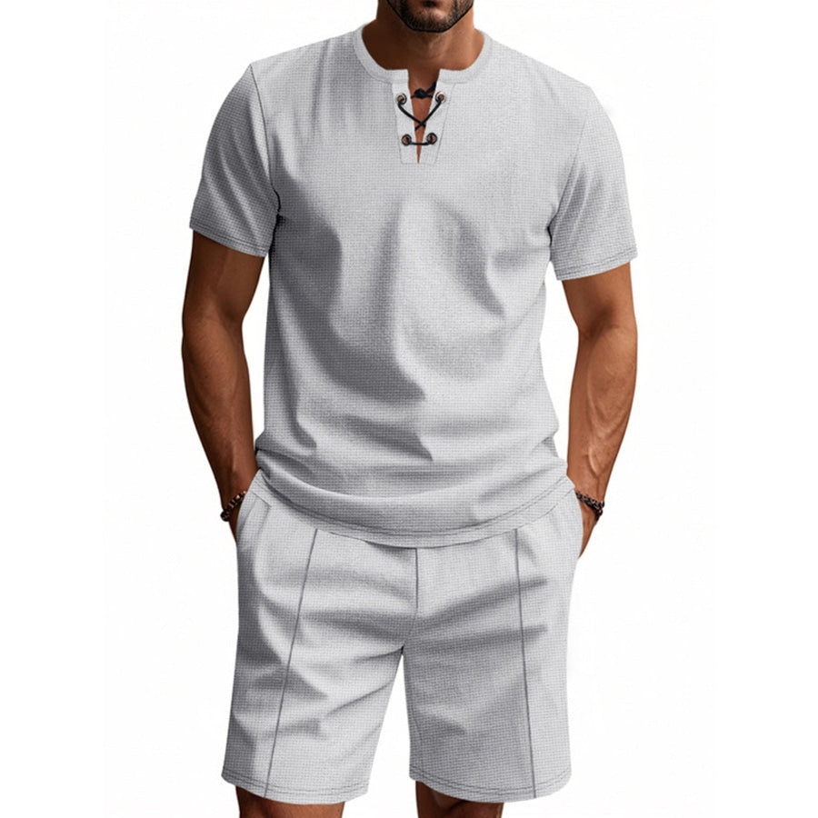 Men’s Full Size Casual Short Sleeve Top & Shorts Set Plus Size Light Gray / S Apparel and Accessories