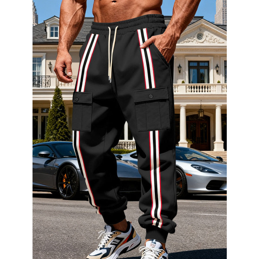 Men’s Full Size Casual Striped Cargo Joggers Plus Black / S Apparel and Accessories