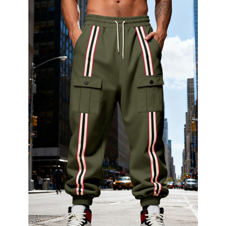 Men’s Full Size Casual Striped Cargo Joggers Plus Army Green / S Apparel and Accessories