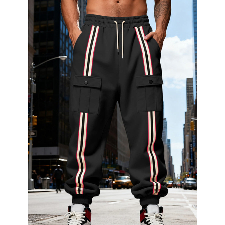 Men’s Full Size Casual Striped Cargo Joggers Plus Black / S Apparel and Accessories