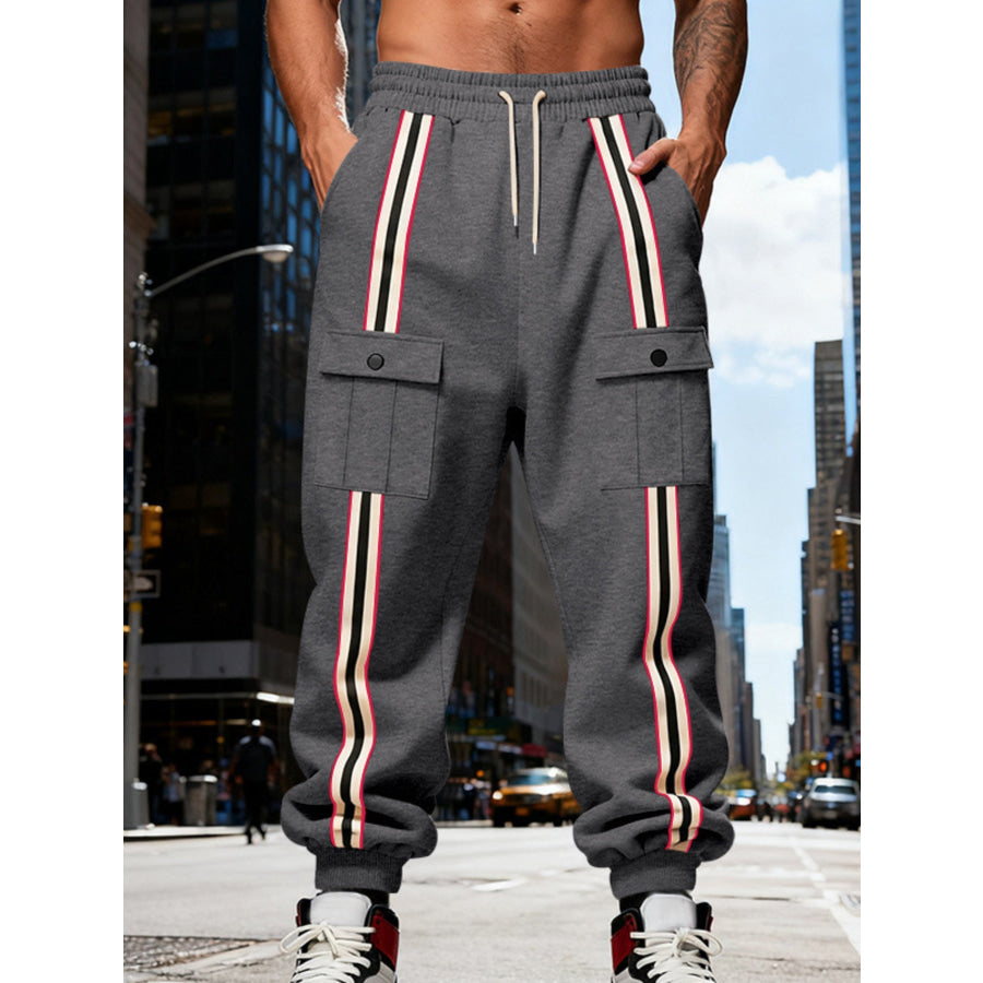 Men’s Full Size Casual Striped Cargo Joggers Plus Dark Gray / S Apparel and Accessories