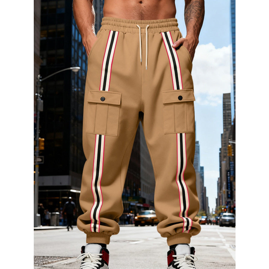 Men’s Full Size Casual Striped Cargo Joggers Plus Khaki / S Apparel and Accessories