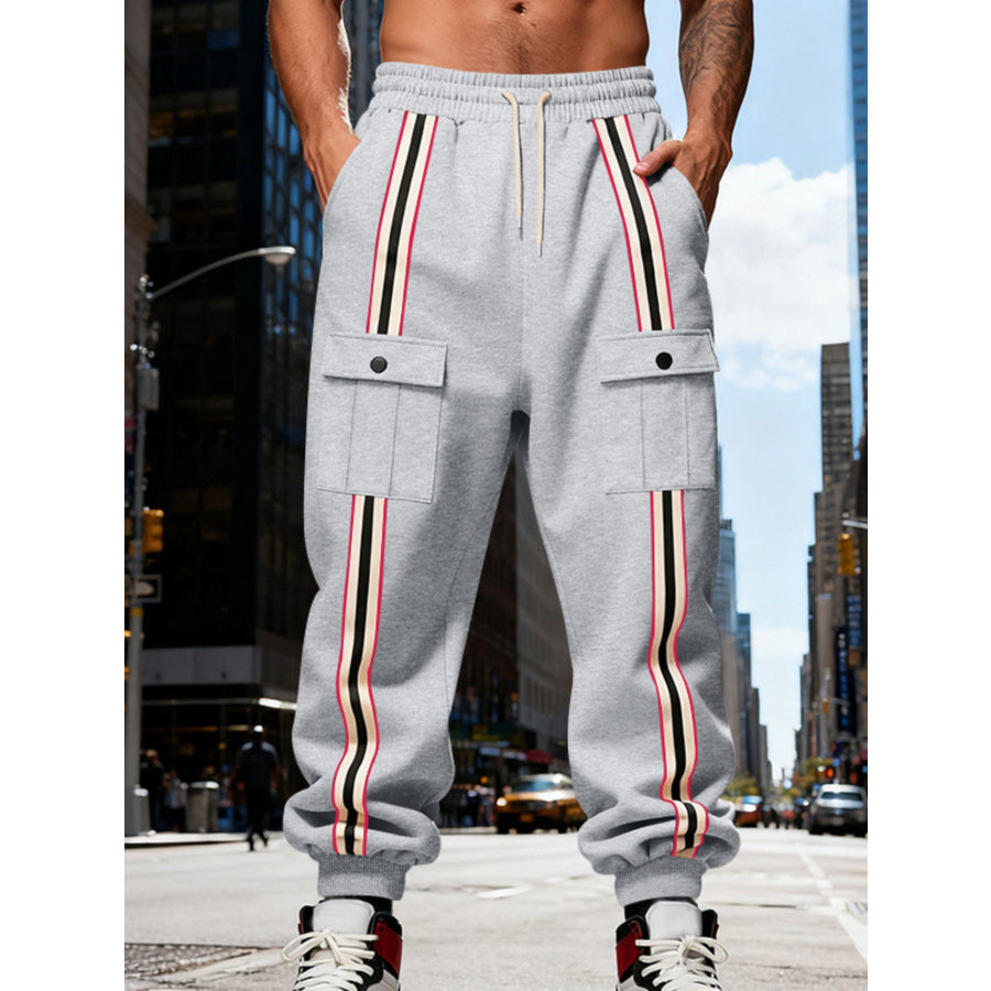 Men’s Full Size Casual Striped Cargo Joggers Plus Light Gray / S Apparel and Accessories