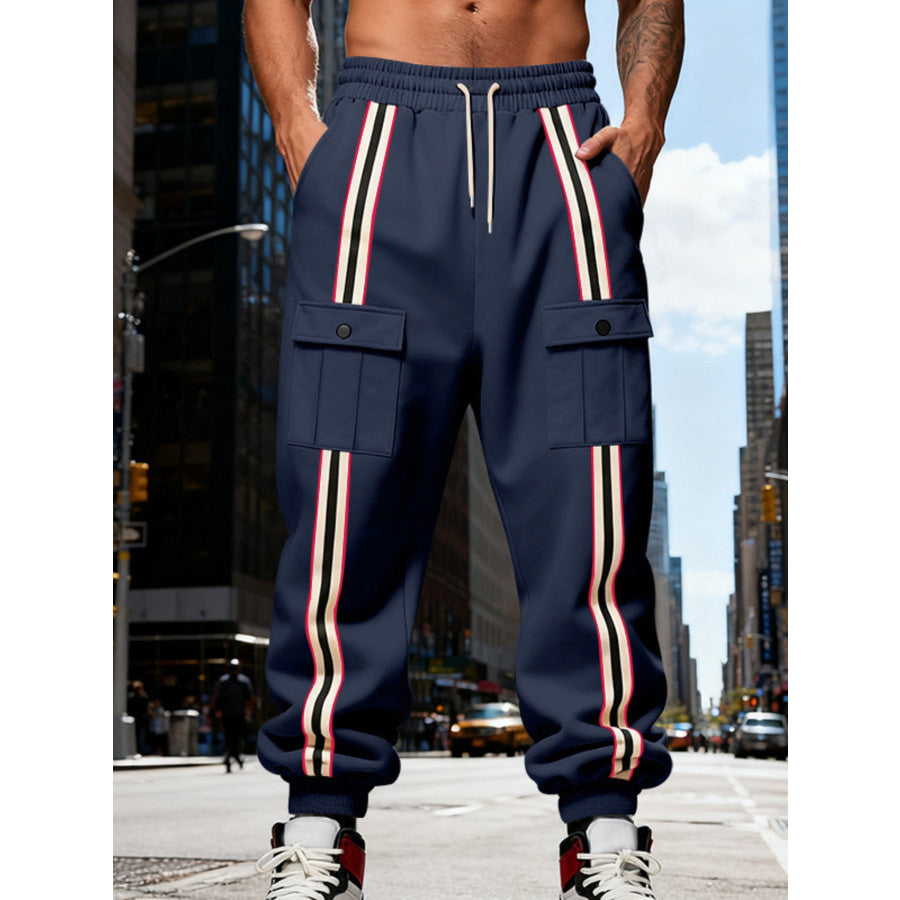 Men’s Full Size Casual Striped Cargo Joggers Plus Navy Blue / S Apparel and Accessories
