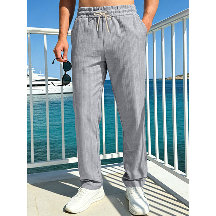 Men’s Full Size Casual Striped Drawstring Pants Plus Size Gray / S Apparel and Accessories