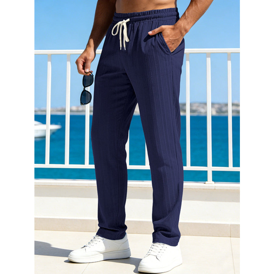 Men’s Full Size Casual Striped Drawstring Pants Plus Size Navy / S Apparel and Accessories