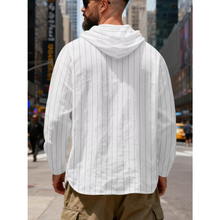 Men’s Full Size Casual Striped Henley Hoodie with Drawstring Plus Apparel and Accessories