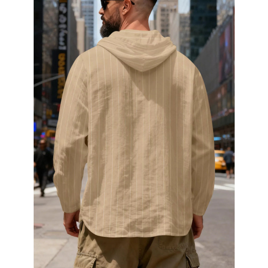 Men’s Full Size Casual Striped Henley Hoodie with Drawstring Plus Apparel and Accessories