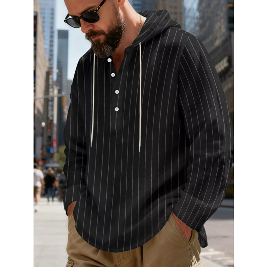 Men’s Full Size Casual Striped Henley Hoodie with Drawstring Plus Apparel and Accessories