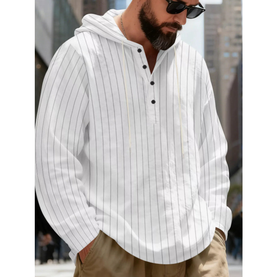 Men’s Full Size Casual Striped Henley Hoodie with Drawstring Plus Apparel and Accessories
