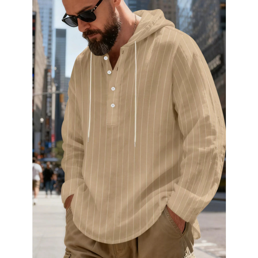 Men’s Full Size Casual Striped Henley Hoodie with Drawstring Plus Apparel and Accessories