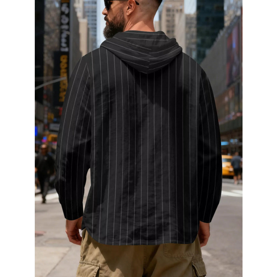 Men’s Full Size Casual Striped Henley Hoodie with Drawstring Plus Apparel and Accessories