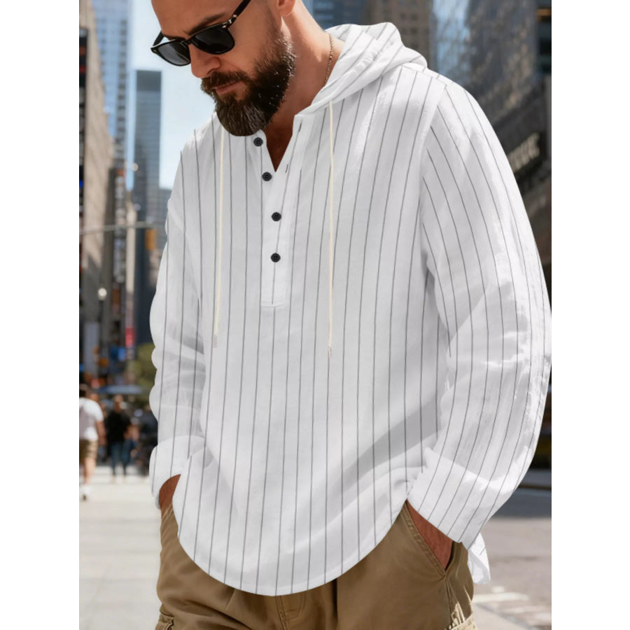 Men’s Full Size Casual Striped Henley Hoodie with Drawstring Plus Apparel and Accessories