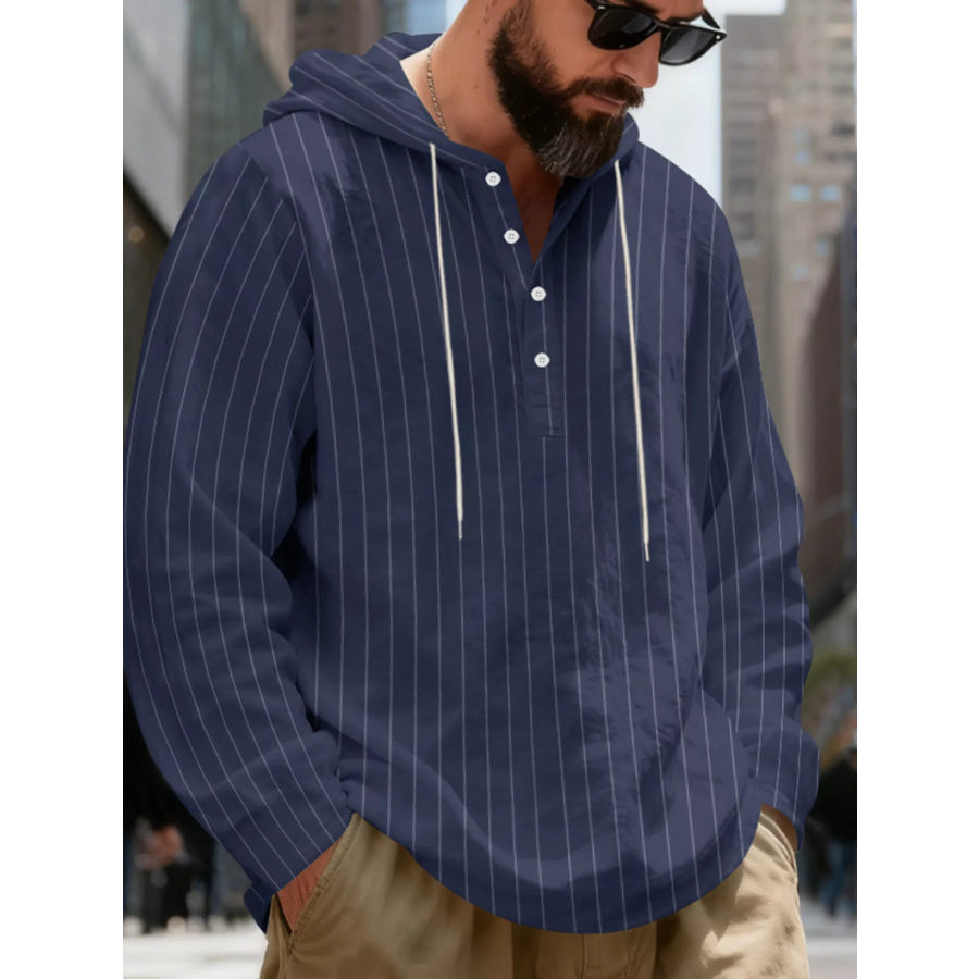 Men’s Full Size Casual Striped Henley Hoodie with Drawstring Plus Apparel and Accessories