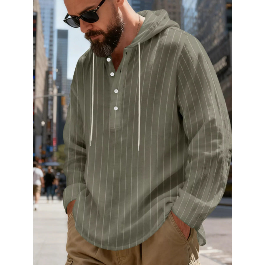 Men’s Full Size Casual Striped Henley Hoodie with Drawstring Plus Apparel and Accessories