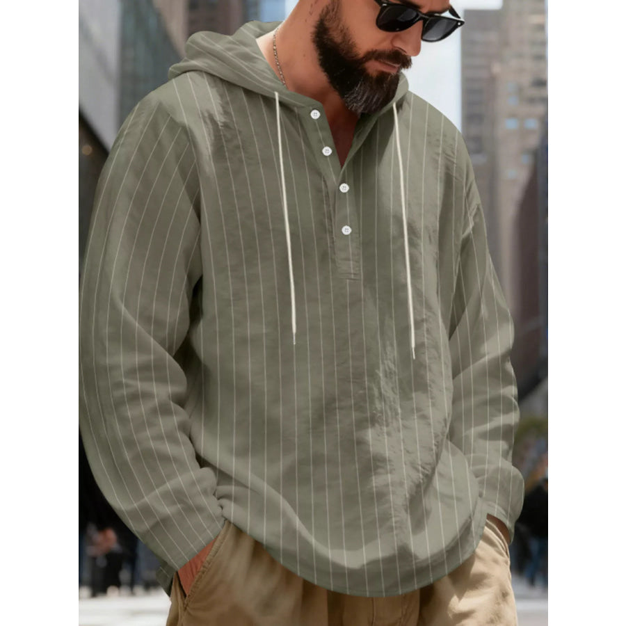 Men’s Full Size Casual Striped Henley Hoodie with Drawstring Plus Apparel and Accessories