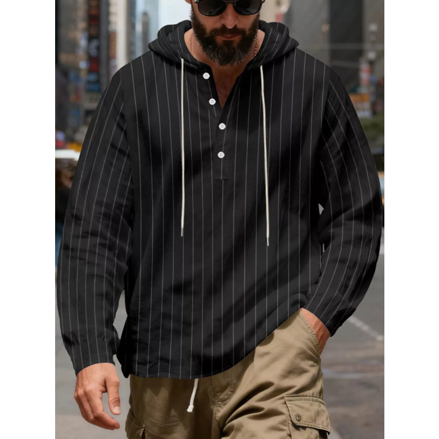 Men’s Full Size Casual Striped Henley Hoodie with Drawstring Plus Apparel and Accessories