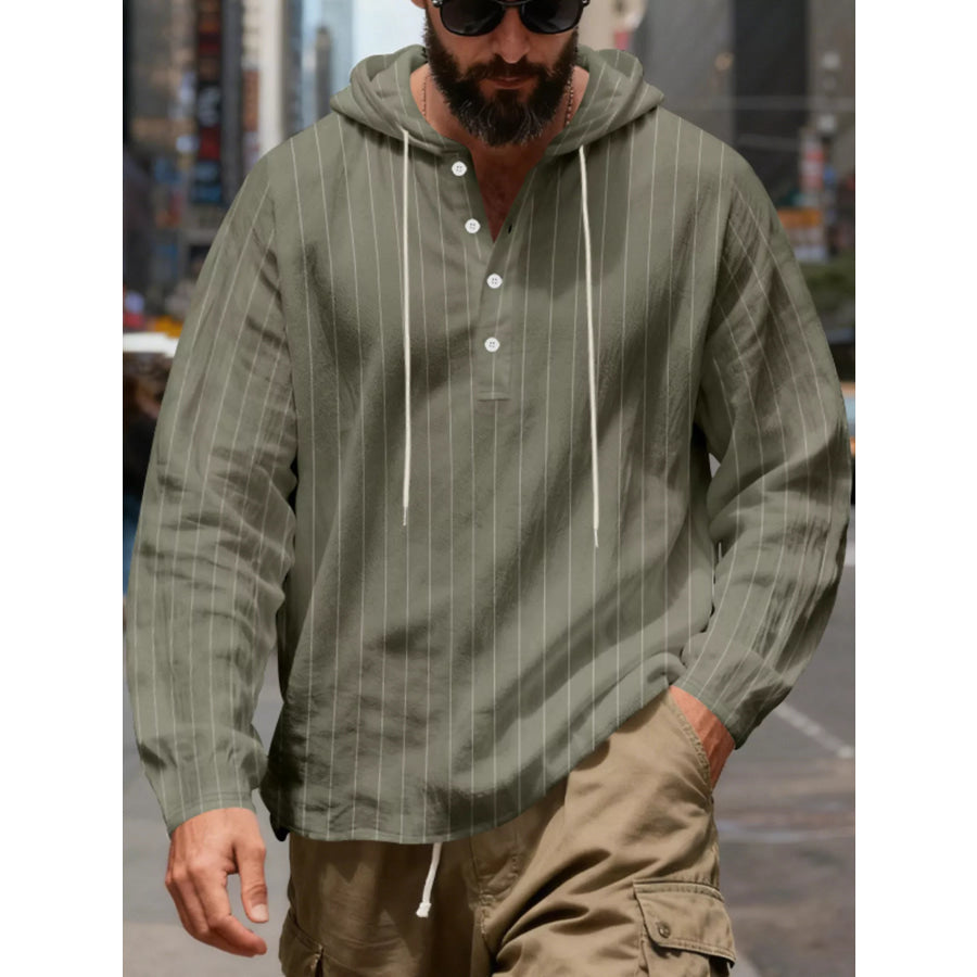 Men’s Full Size Casual Striped Henley Hoodie with Drawstring Plus Apparel and Accessories