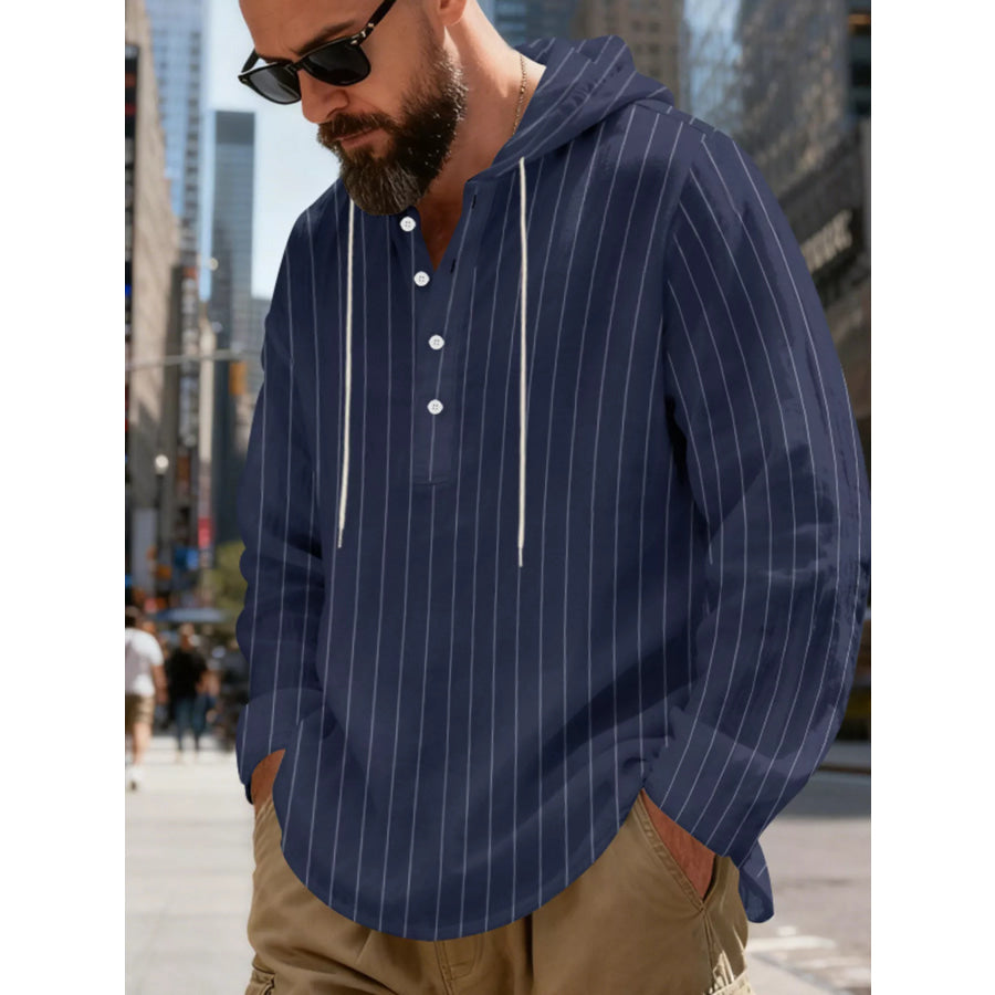 Men’s Full Size Casual Striped Henley Hoodie with Drawstring Plus Apparel and Accessories