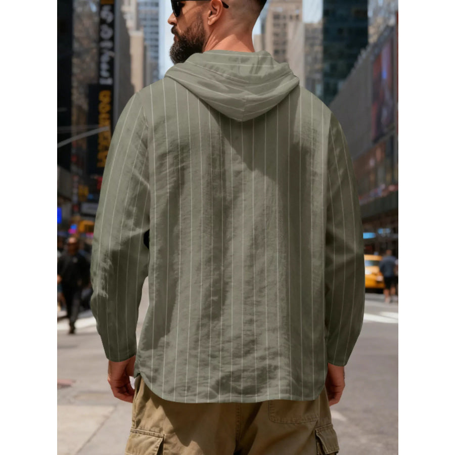 Men’s Full Size Casual Striped Henley Hoodie with Drawstring Plus Apparel and Accessories