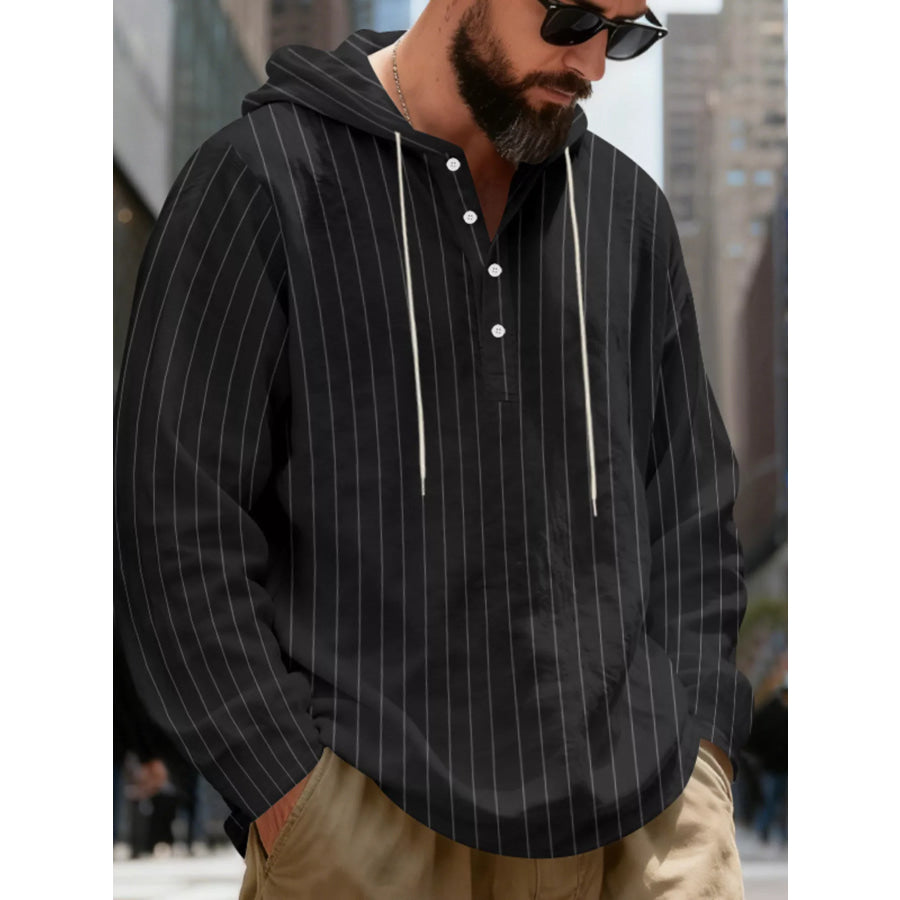 Men’s Full Size Casual Striped Henley Hoodie with Drawstring Plus Apparel and Accessories