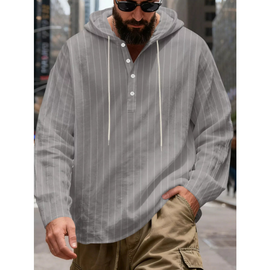 Men’s Full Size Casual Striped Henley Hoodie with Drawstring Plus Apparel and Accessories
