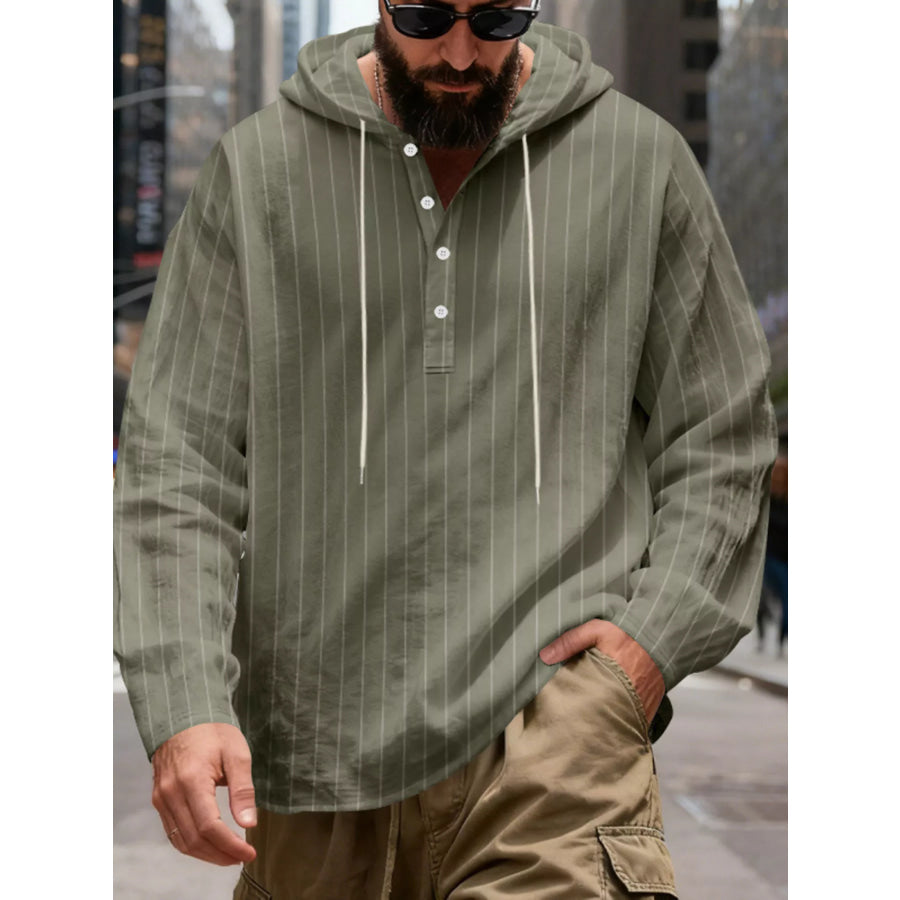 Men’s Full Size Casual Striped Henley Hoodie with Drawstring Plus Army Green / S Apparel and Accessories