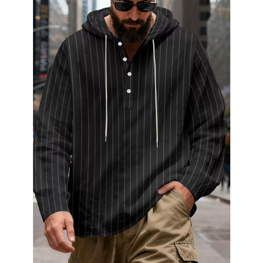 Men’s Full Size Casual Striped Henley Hoodie with Drawstring Plus Black / S Apparel and Accessories