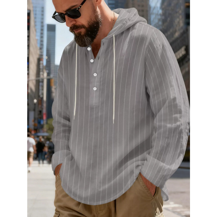 Men’s Full Size Casual Striped Henley Hoodie with Drawstring Plus Gray / S Apparel and Accessories