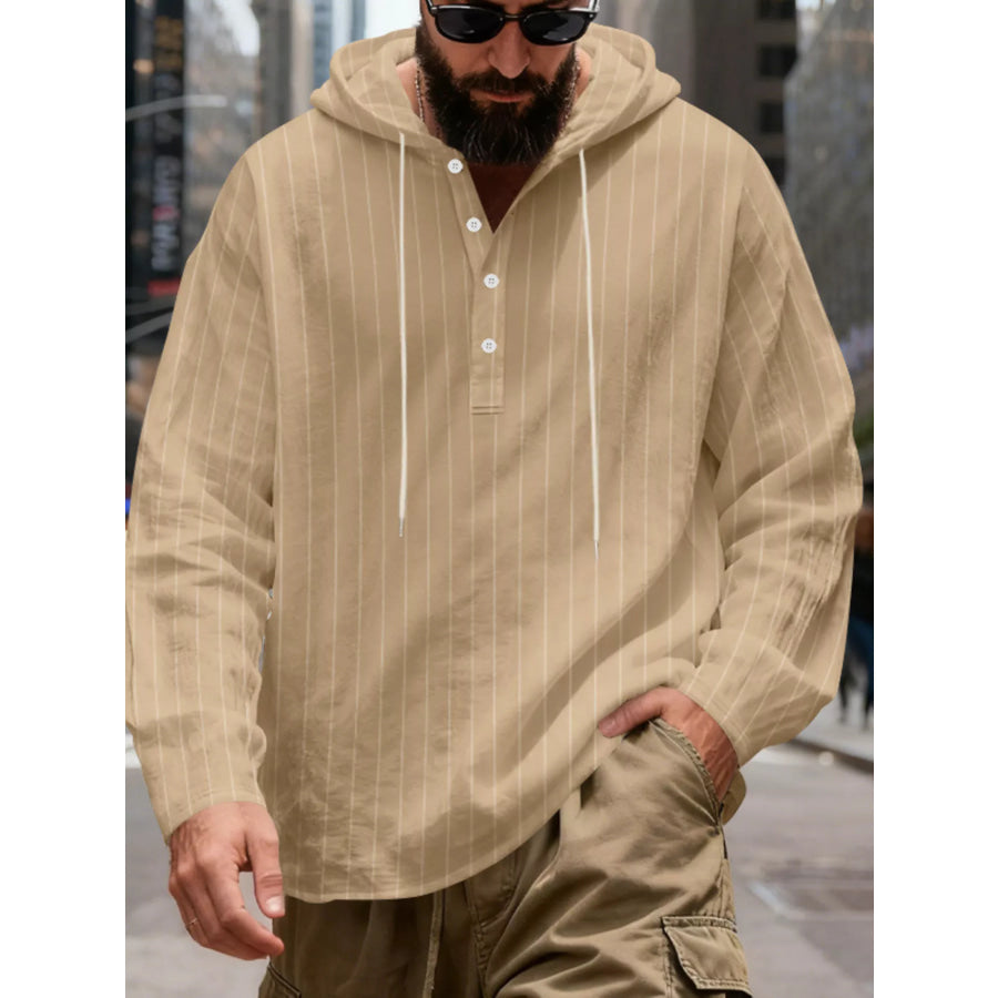 Men’s Full Size Casual Striped Henley Hoodie with Drawstring Plus Khaki / S Apparel and Accessories