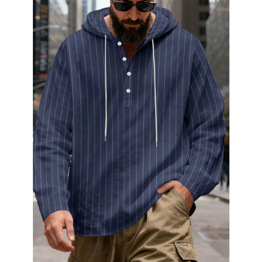 Men’s Full Size Casual Striped Henley Hoodie with Drawstring Plus Navy Blue / S Apparel and Accessories