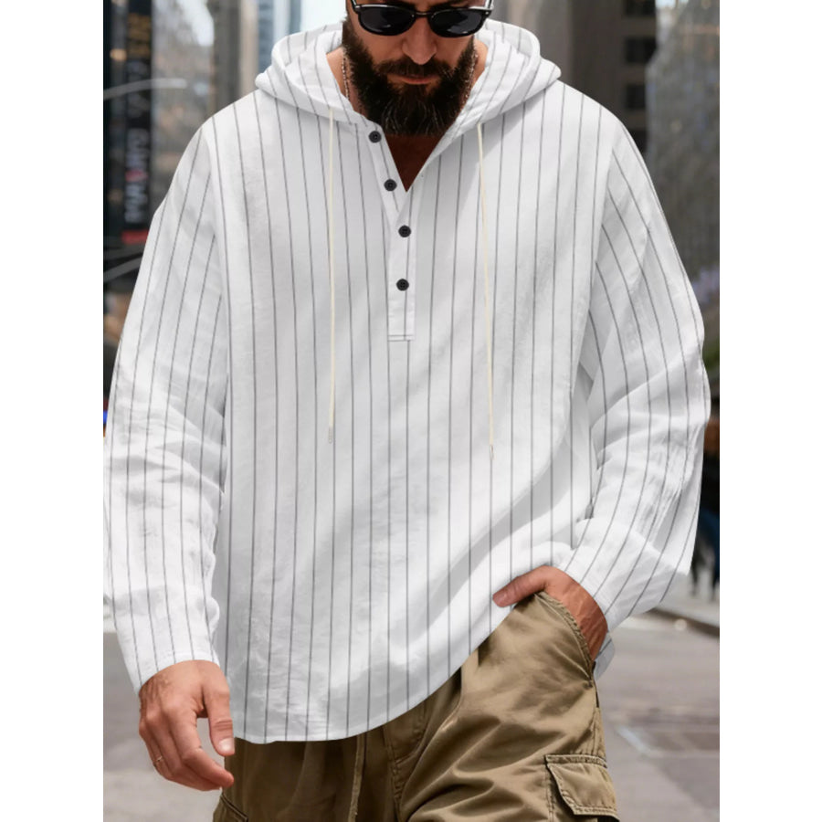 Men’s Full Size Casual Striped Henley Hoodie with Drawstring Plus White / S Apparel and Accessories