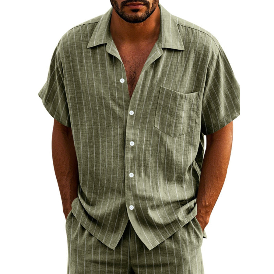Men’s Full Size Casual Striped Short Sleeve Shirt Plus Size Army Green / S Apparel and Accessories