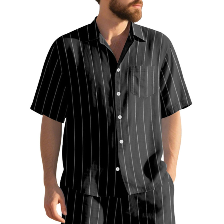 Men’s Full Size Casual Striped Short Sleeve Shirt Plus Size Black / S Apparel and Accessories