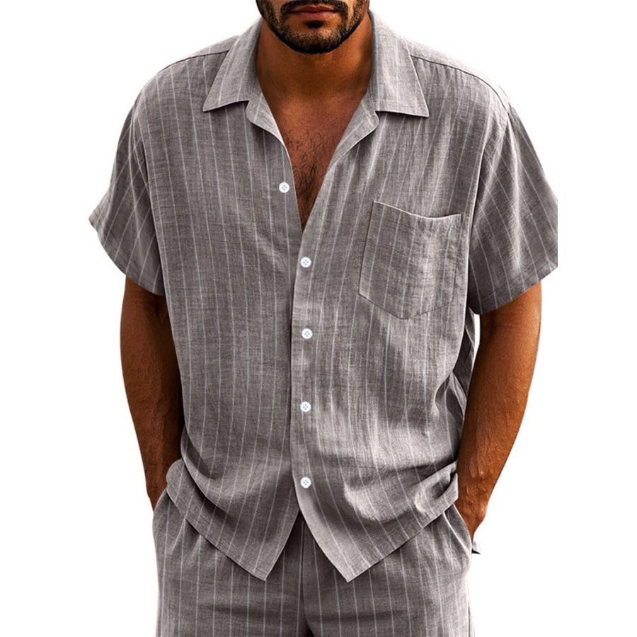 Men’s Full Size Casual Striped Short Sleeve Shirt Plus Size Grey / S Apparel and Accessories
