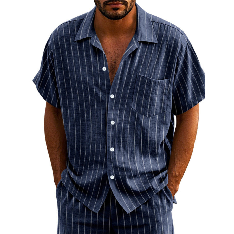 Men’s Full Size Casual Striped Short Sleeve Shirt Plus Size Navy Blue / S Apparel and Accessories