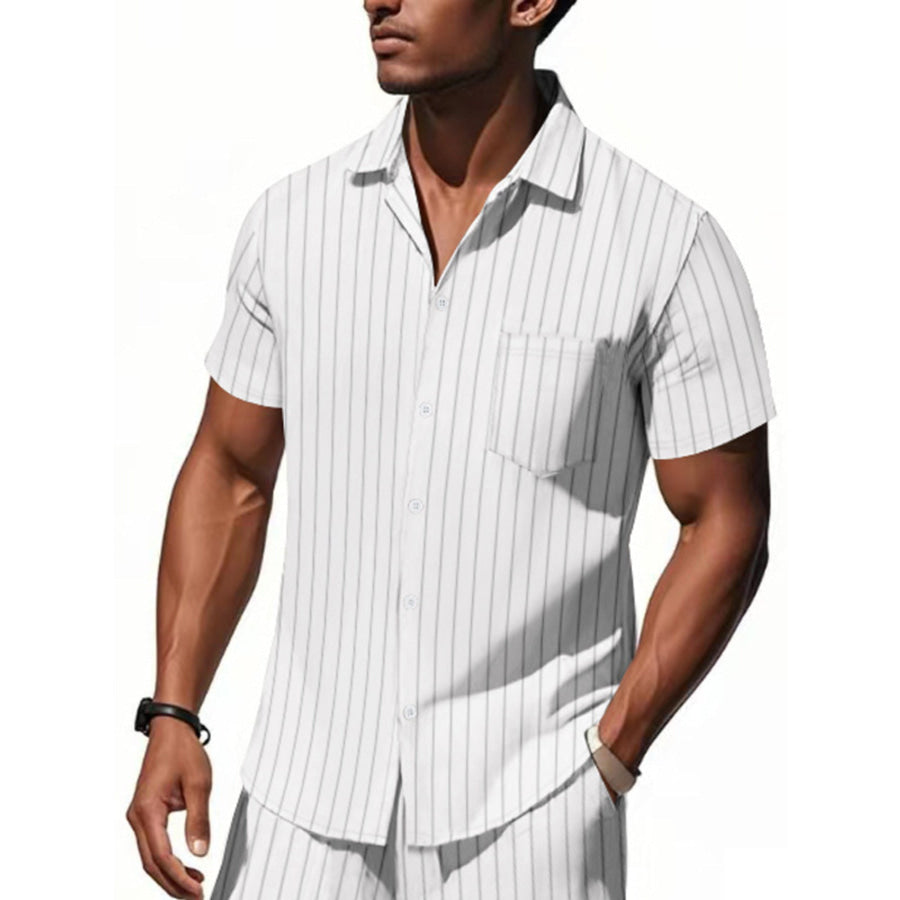 Men’s Full Size Casual Striped Short Sleeve Shirt Plus Size White / S Apparel and Accessories