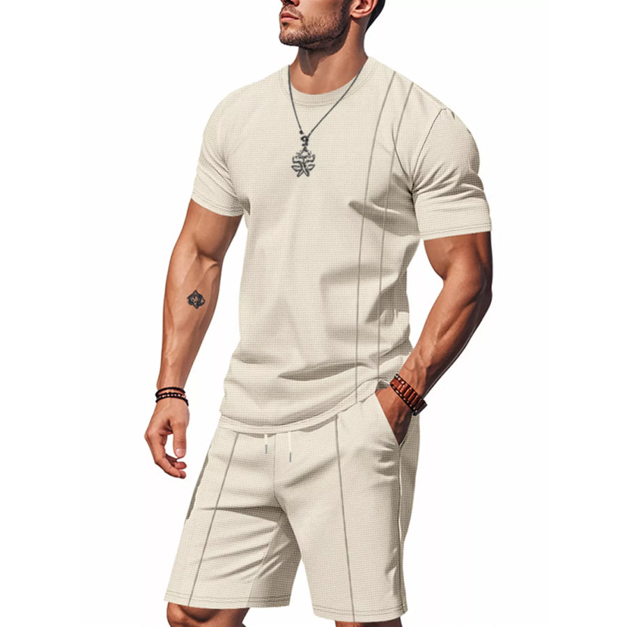 Men’s Full Size Casual Striped Short Sleeve T-Shirt and Shorts Set Plus Size Khaki / S Apparel and Accessories