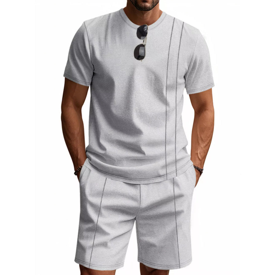 Men’s Full Size Casual Striped Short Sleeve T-Shirt and Shorts Set Plus Size Light Gray / S Apparel and Accessories