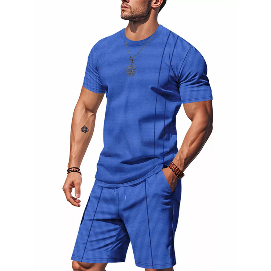 Men’s Full Size Casual Striped Short Sleeve T-Shirt and Shorts Set Plus Size Royal Blue / S Apparel and Accessories