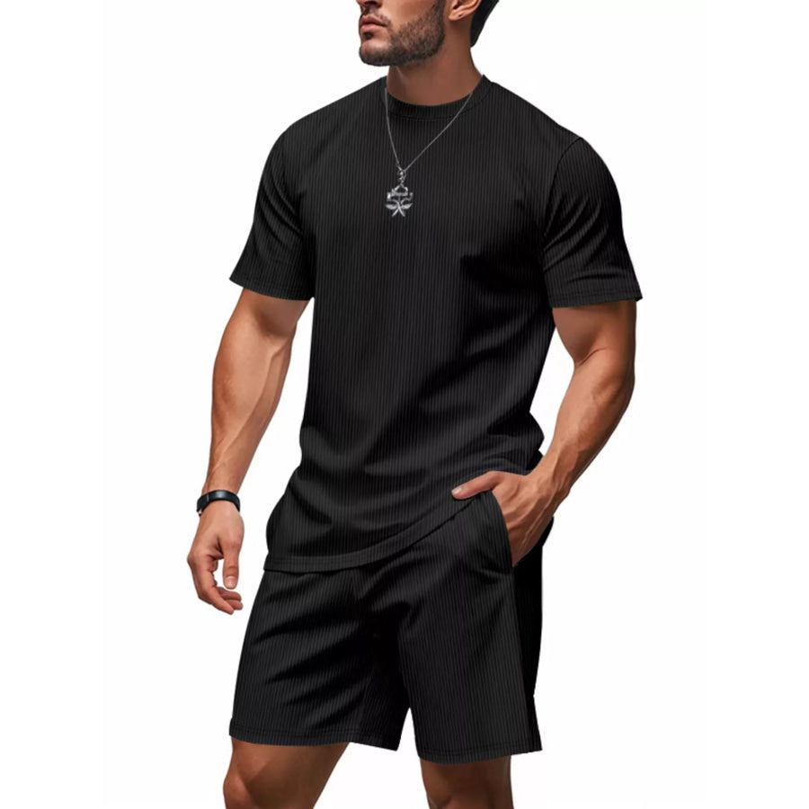 Men’s Full Size Casual Striped Top and Shorts Set Plus Size Black / S Apparel and Accessories