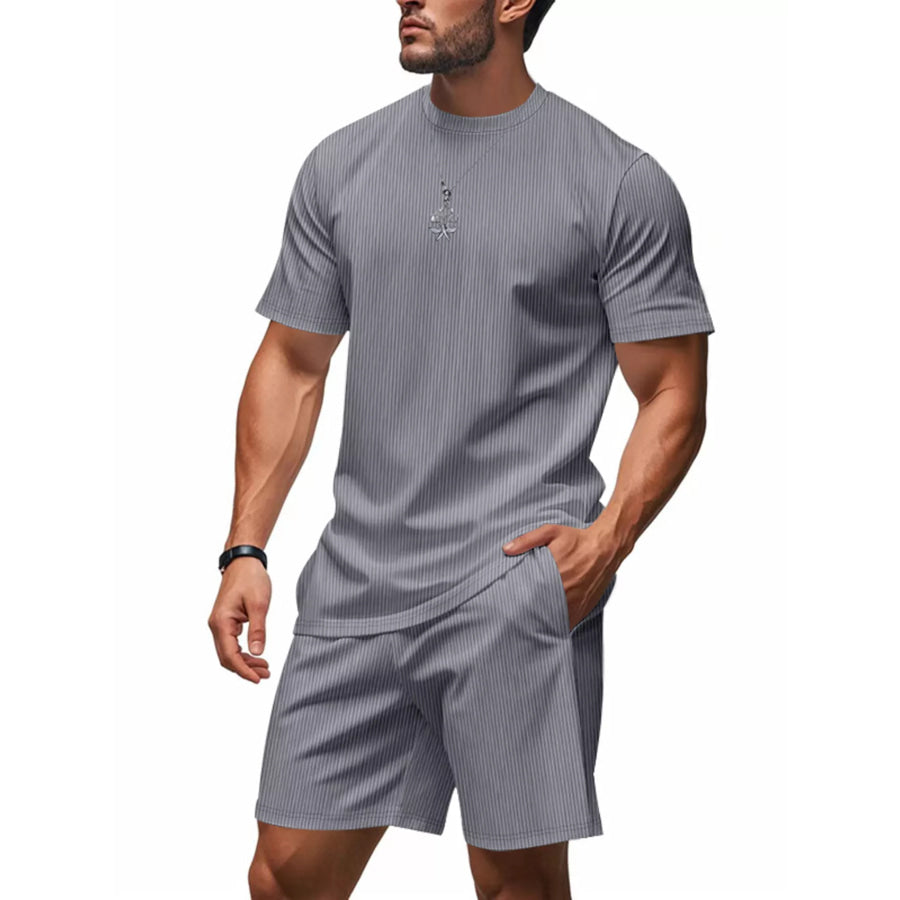 Men’s Full Size Casual Striped Top and Shorts Set Plus Size Dark Gray / S Apparel and Accessories