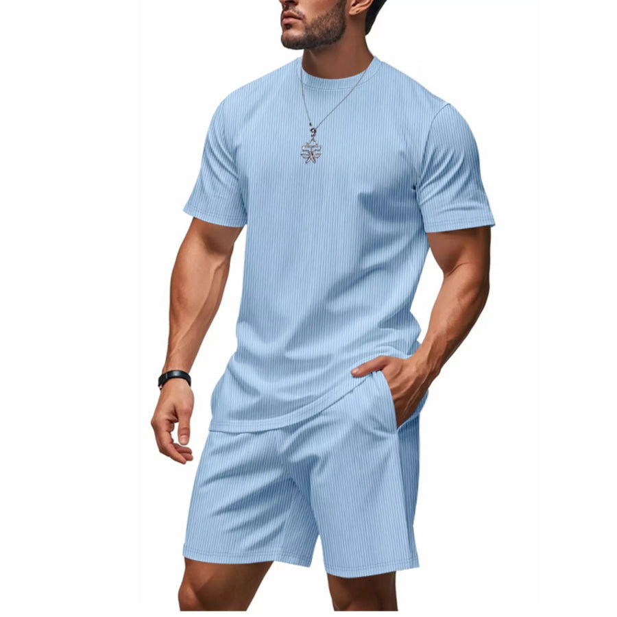 Men’s Full Size Casual Striped Top and Shorts Set Plus Size Light Blue / S Apparel and Accessories