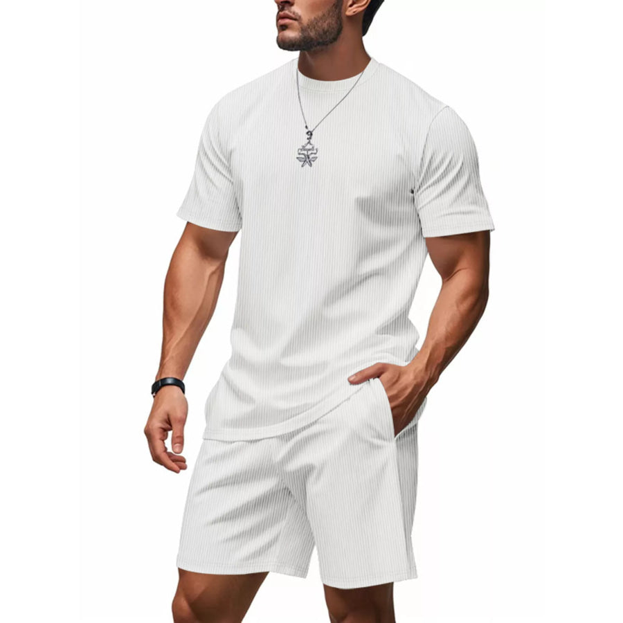 Men’s Full Size Casual Striped Top and Shorts Set Plus Size White / S Apparel and Accessories