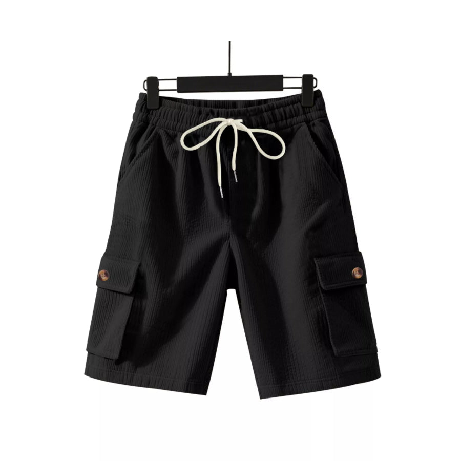 Men’s Full Size Casual Textured Drawstring Cargo Shorts Plus Size Black / S Apparel and Accessories