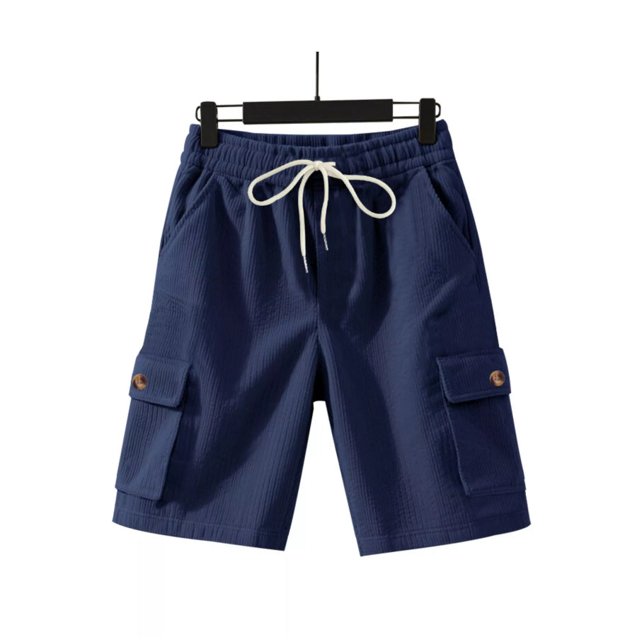 Men’s Full Size Casual Textured Drawstring Cargo Shorts Plus Size Navy Blue / S Apparel and Accessories