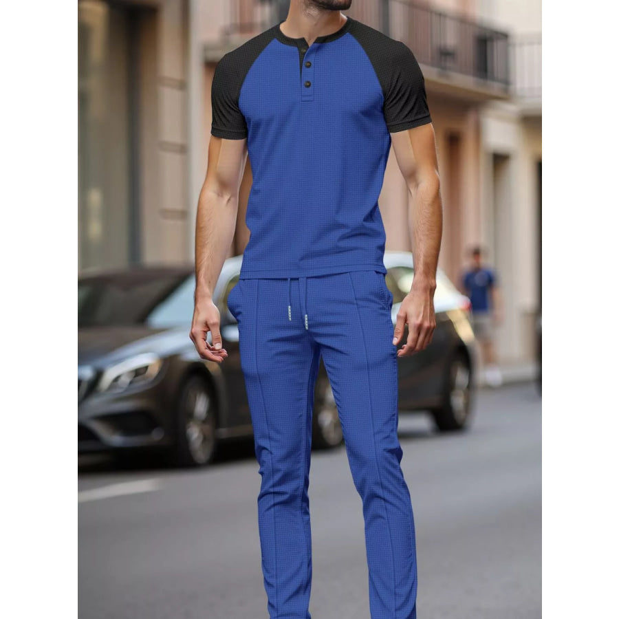 Men’s Full Size Casual Two-Tone Raglan Sleeve Tee and Pants Set Plus Size Apparel and Accessories