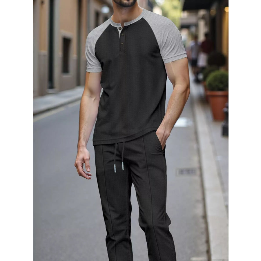 Men’s Full Size Casual Two-Tone Raglan Sleeve Tee and Pants Set Plus Size Apparel and Accessories