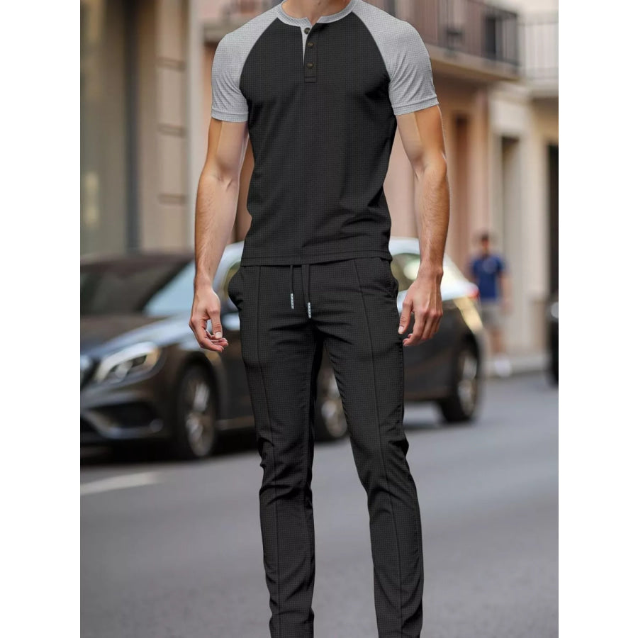 Men’s Full Size Casual Two-Tone Raglan Sleeve Tee and Pants Set Plus Size Apparel and Accessories