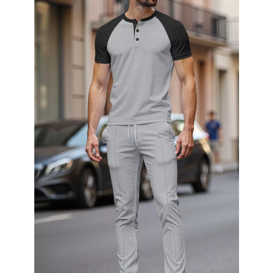 Men’s Full Size Casual Two-Tone Raglan Sleeve Tee and Pants Set Plus Size Apparel and Accessories